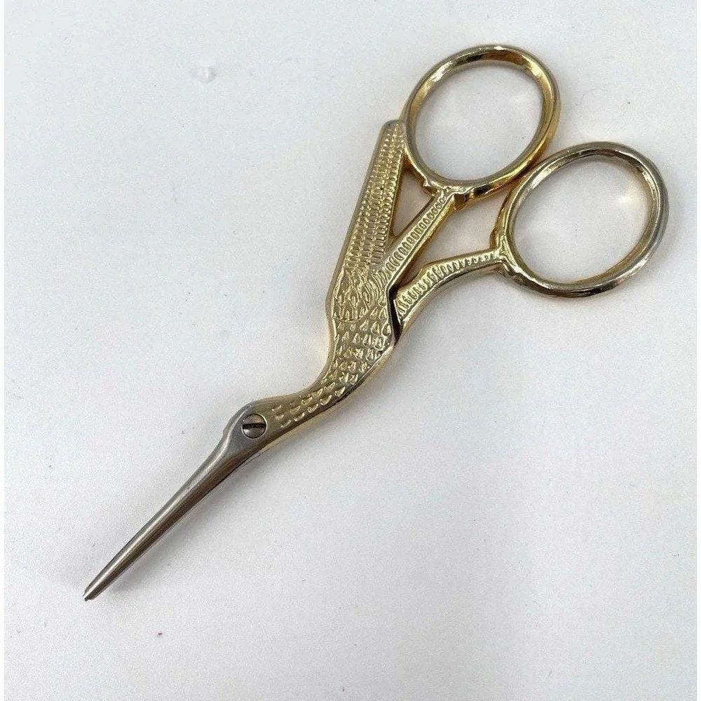 Vintage Gold-Toned Stork Shaped Embroidery Scissors Italy Sewing Small Sharp